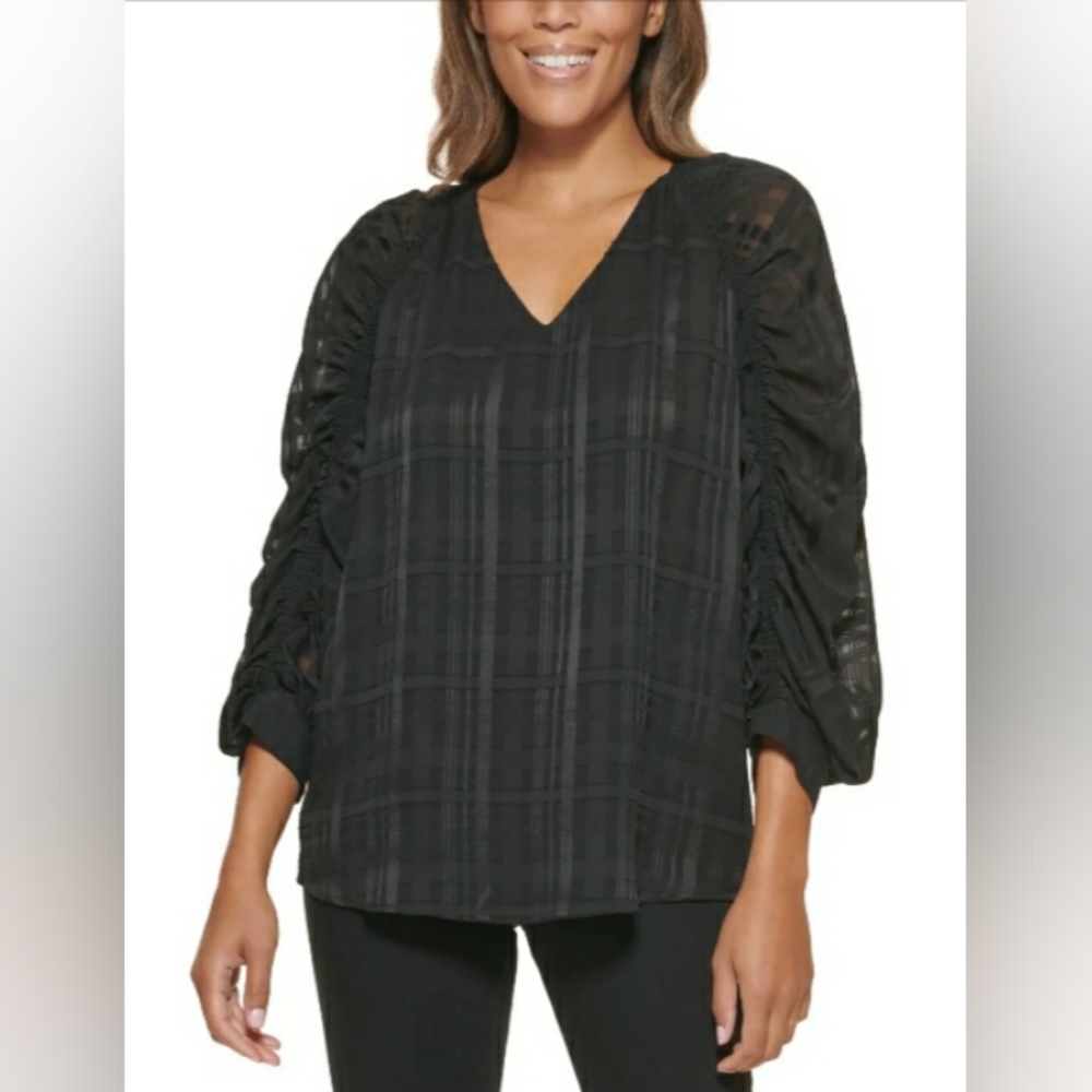 Calvin Klein  Plaid Gathered Sleeve-Semi Sheer Top Black SIZE XS